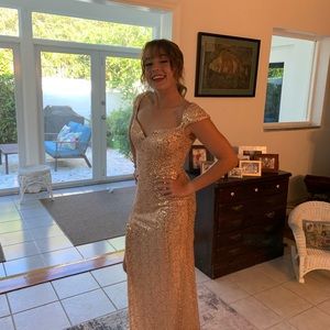 CINDERELLA DIVINE Gold Sequin Dress with Slit and Corset